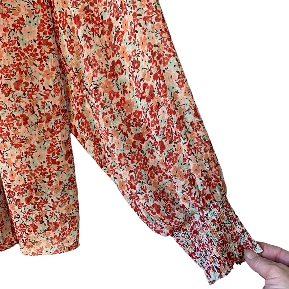 Torrid red, orange, light green sheer‎ floral long sleeve button up top. Size 1X - Picture 4 of 9